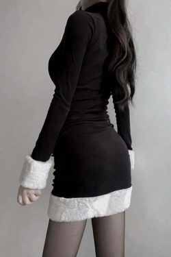 Y2K Gothic Turtleneck Fur Trim Dress - 90s Grunge, Retro, Summer, Party, Club Outfits