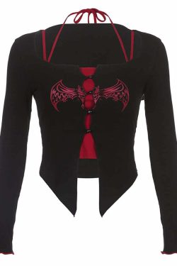 Y2K Gothic Vampire Bat Long Sleeve & Cami Top Set - Retro 90s Grunge Summer Outfit