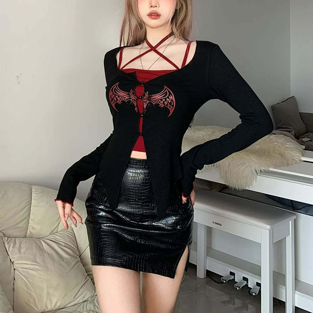Y2K Gothic Vampire Bat Long Sleeve & Cami Top Set - Retro 90s Grunge Summer Outfit