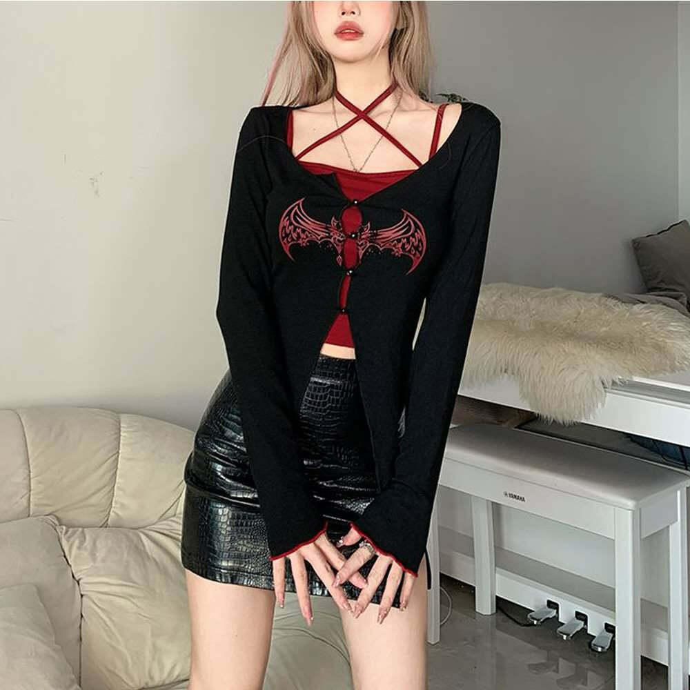 Y2K Gothic Vampire Bat Long Sleeve & Cami Top Set - Retro 90s Grunge Summer Outfit