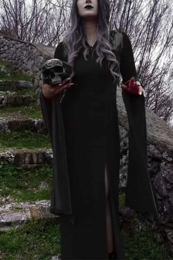 Y2K Gothic Vampire Bell Sleeve Slit Maxi Dress - Retro 90s Grunge Summer Party Outfit