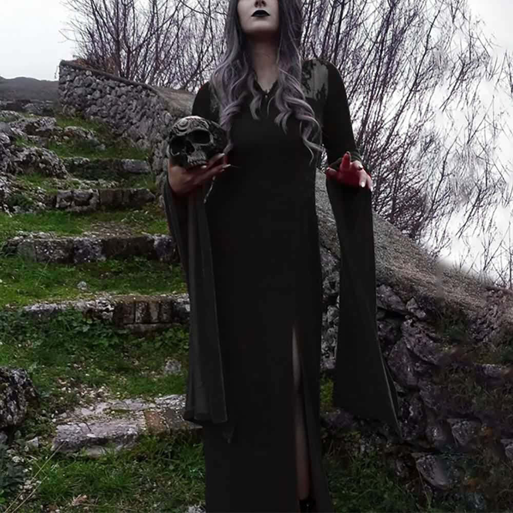 Y2K Gothic Vampire Bell Sleeve Slit Maxi Dress - Retro 90s Grunge Summer Party Outfit