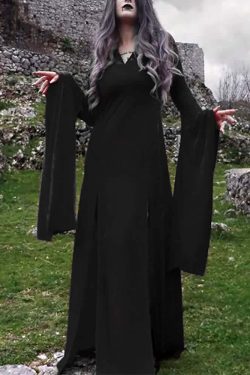 Y2K Gothic Vampire Bell Sleeve Slit Maxi Dress - Retro 90s Grunge Summer Party Outfit