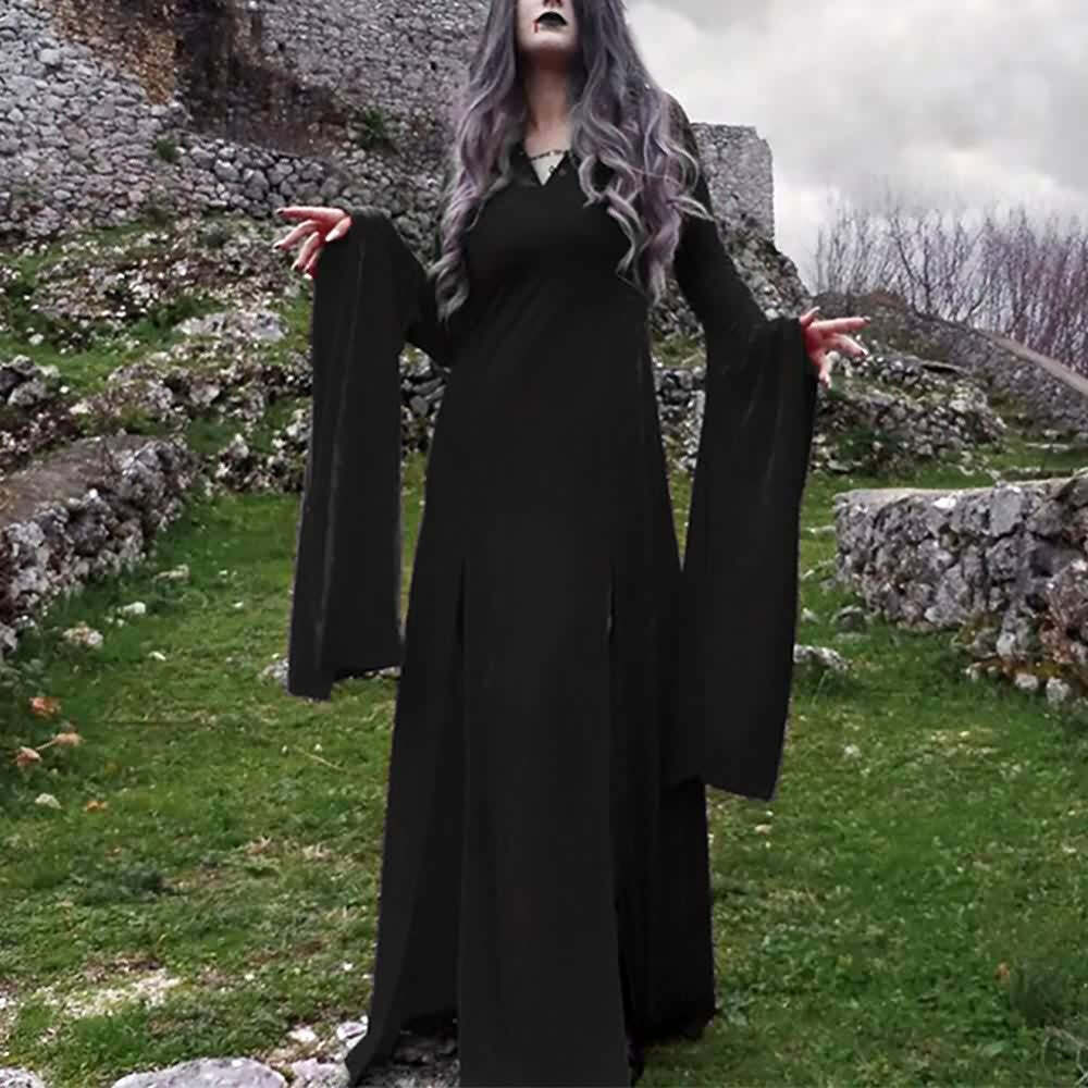 Y2K Gothic Vampire Bell Sleeve Slit Maxi Dress - Retro 90s Grunge Summer Party Outfit
