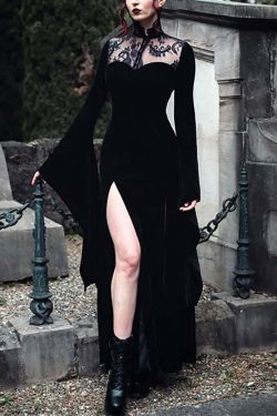 Y2K Gothic Vampire Bell Sleeve Slit Maxi Dress - Retro 90s Grunge Summer Party Outfit