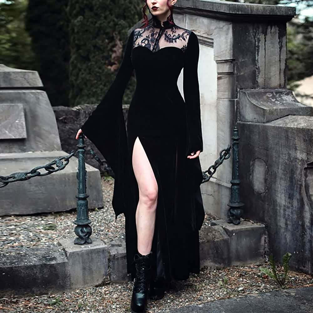 Y2K Gothic Vampire Bell Sleeve Slit Maxi Dress - Retro 90s Grunge Summer Party Outfit