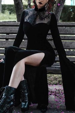 Y2K Gothic Vampire Bell Sleeve Slit Maxi Dress - Retro 90s Grunge Summer Party Outfit