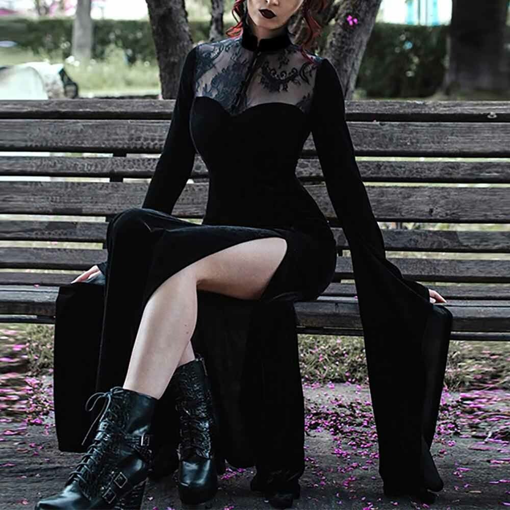 Y2K Gothic Vampire Bell Sleeve Slit Maxi Dress - Retro 90s Grunge Summer Party Outfit