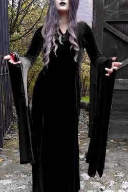Y2K Gothic Vampire Bell Sleeve Slit Maxi Dress - Retro 90s Grunge Summer Party Outfit
