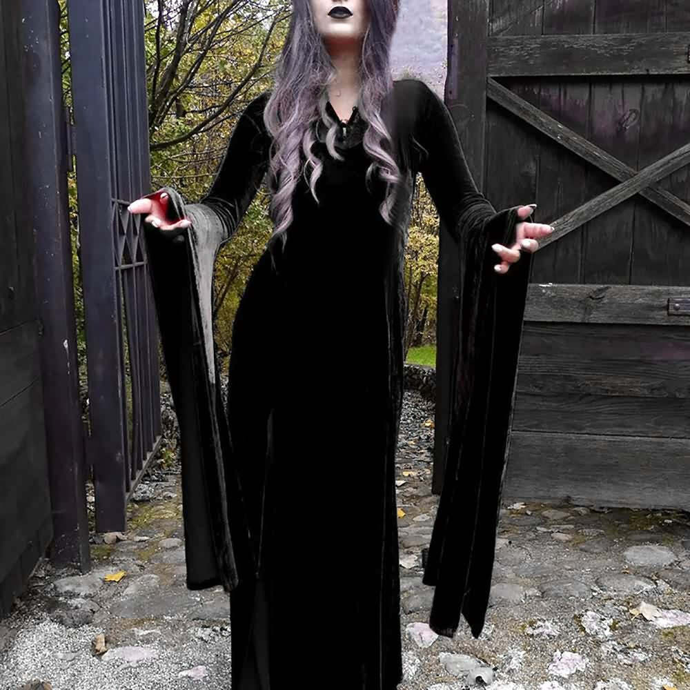 Y2K Gothic Vampire Bell Sleeve Slit Maxi Dress - Retro 90s Grunge Summer Party Outfit