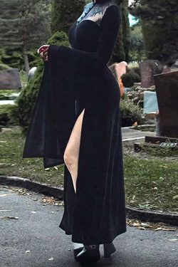 Y2K Gothic Vampire Bell Sleeve Slit Maxi Dress - Retro 90s Grunge Summer Party Outfit