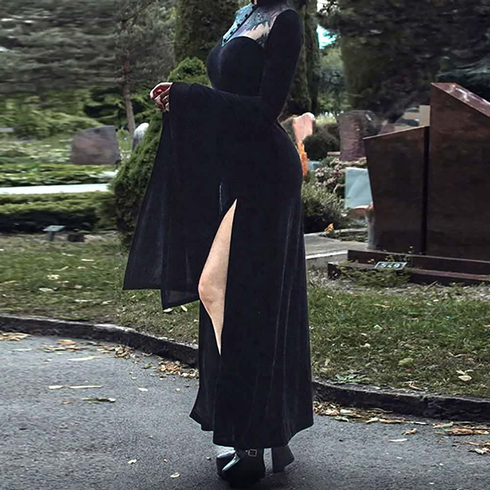 Y2K Gothic Vampire Bell Sleeve Slit Maxi Dress - Retro 90s Grunge Summer Party Outfit