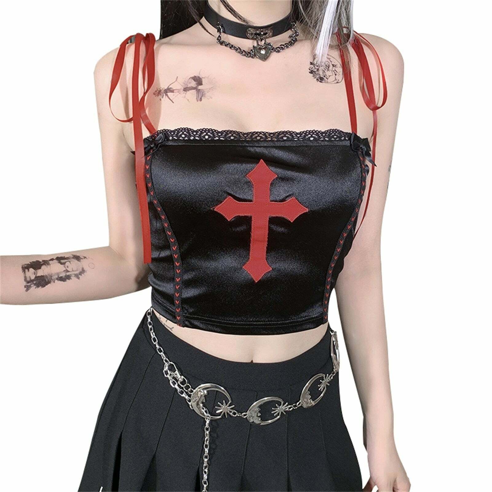 Y2K Gothic Vampire Cross Crop Top - 90s Grunge, Retro, Pastel Goth, Y2K Party & Club Outfits