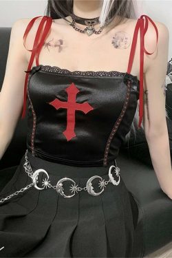 Y2K Gothic Vampire Cross Crop Top - 90s Grunge, Retro, Pastel Goth, Y2K Party & Club Outfits
