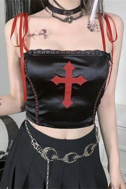 Y2K Gothic Vampire Cross Crop Top - 90s Grunge, Retro, Pastel Goth, Y2K Party & Club Outfits