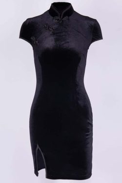 Y2K Gothic Velvet Cheongsam Mini Dress - Retro 90s Grunge Party Outfit