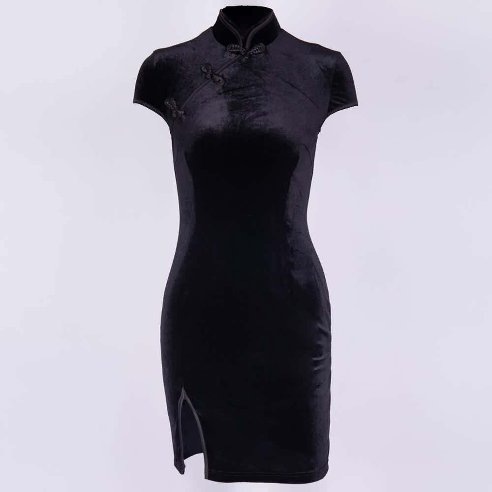 Y2K Gothic Velvet Cheongsam Mini Dress - Retro 90s Grunge Party Outfit