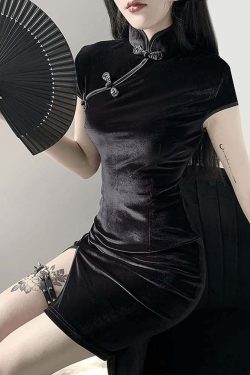 Y2K Gothic Velvet Cheongsam Mini Dress - Retro 90s Grunge Party Outfit