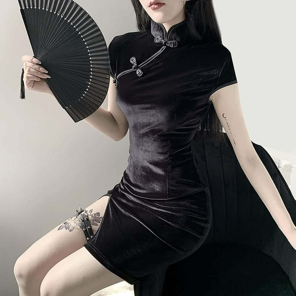 Y2K Gothic Velvet Cheongsam Mini Dress - Retro 90s Grunge Party Outfit