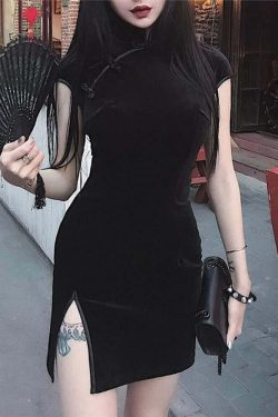 Y2K Gothic Velvet Cheongsam Mini Dress - Retro 90s Grunge Party Outfit