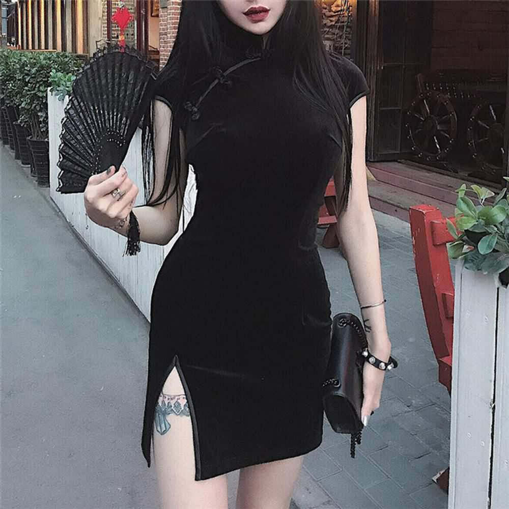 Y2K Gothic Velvet Cheongsam Mini Dress - Retro 90s Grunge Party Outfit