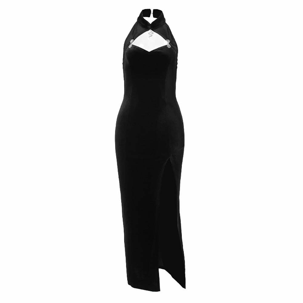 Y2K Gothic Velvet Cheongsam Slit Dress with Shrug Top - Retro 90s Grunge Party Outfit