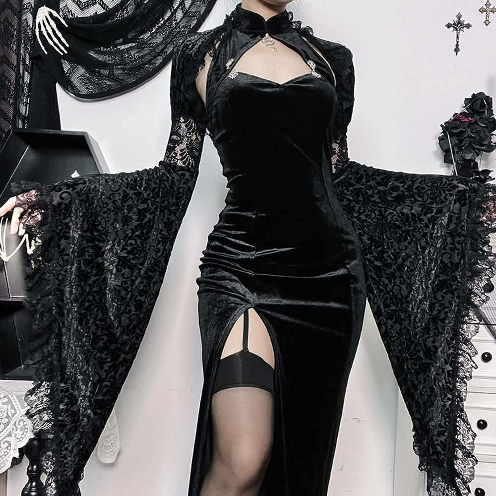 Y2K Gothic Velvet Cheongsam Slit Dress with Shrug Top - Retro 90s Grunge Party Outfit