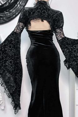 Y2K Gothic Velvet Cheongsam Slit Dress with Shrug Top - Retro 90s Grunge Party Outfit