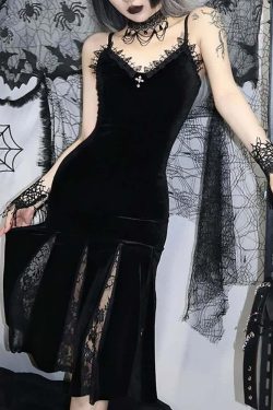 Y2K Gothic Velvet Fit & Flare Midi Dress - Retro 90s Grunge Summer Party Outfit