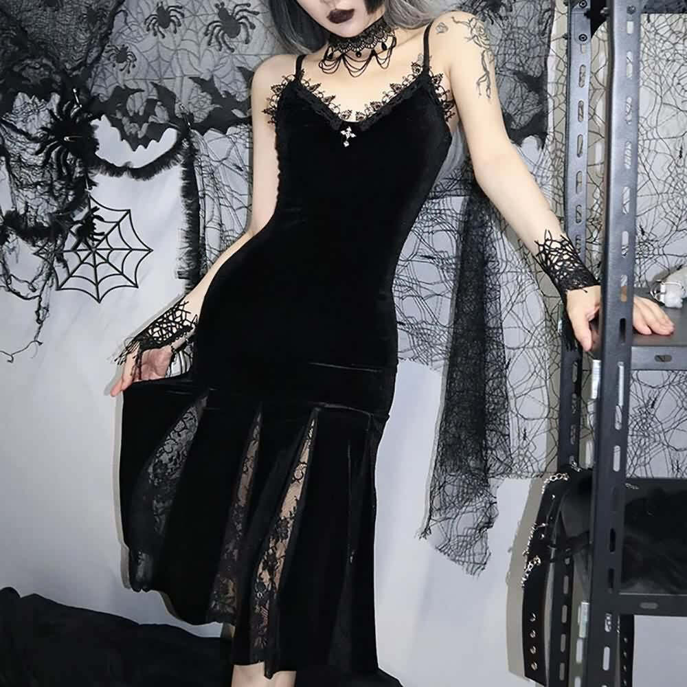Y2K Gothic Velvet Fit & Flare Midi Dress - Retro 90s Grunge Summer Party Outfit