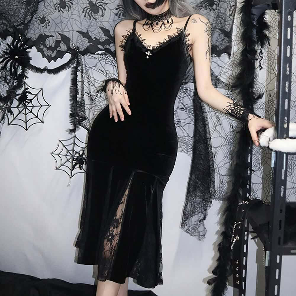Y2K Gothic Velvet Fit & Flare Midi Dress - Retro 90s Grunge Summer Party Outfit