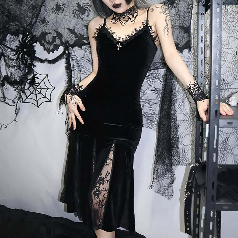 Y2K Gothic Velvet Fit & Flare Midi Dress - Retro 90s Grunge Summer Party Outfit