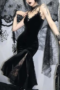 Y2K Gothic Velvet Fit & Flare Midi Dress - Retro 90s Grunge Summer Party Outfit