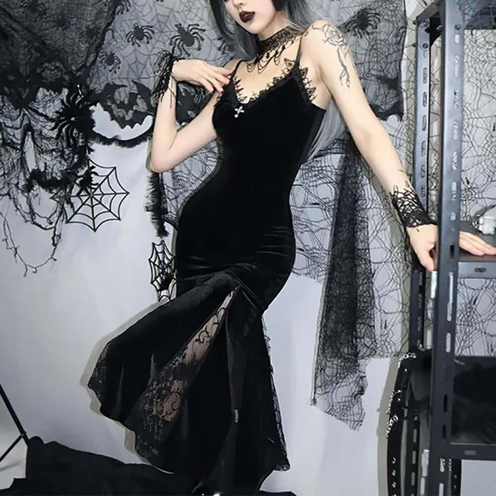 Y2K Gothic Velvet Fit & Flare Midi Dress - Retro 90s Grunge Summer Party Outfit