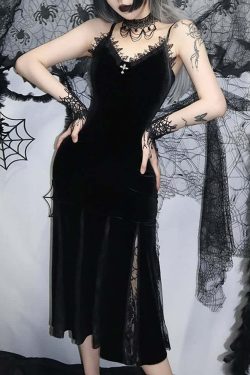 Y2K Gothic Velvet Fit & Flare Midi Dress - Retro 90s Grunge Summer Party Outfit