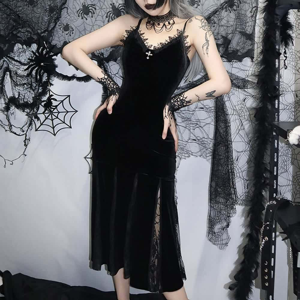 Y2K Gothic Velvet Fit & Flare Midi Dress - Retro 90s Grunge Summer Party Outfit