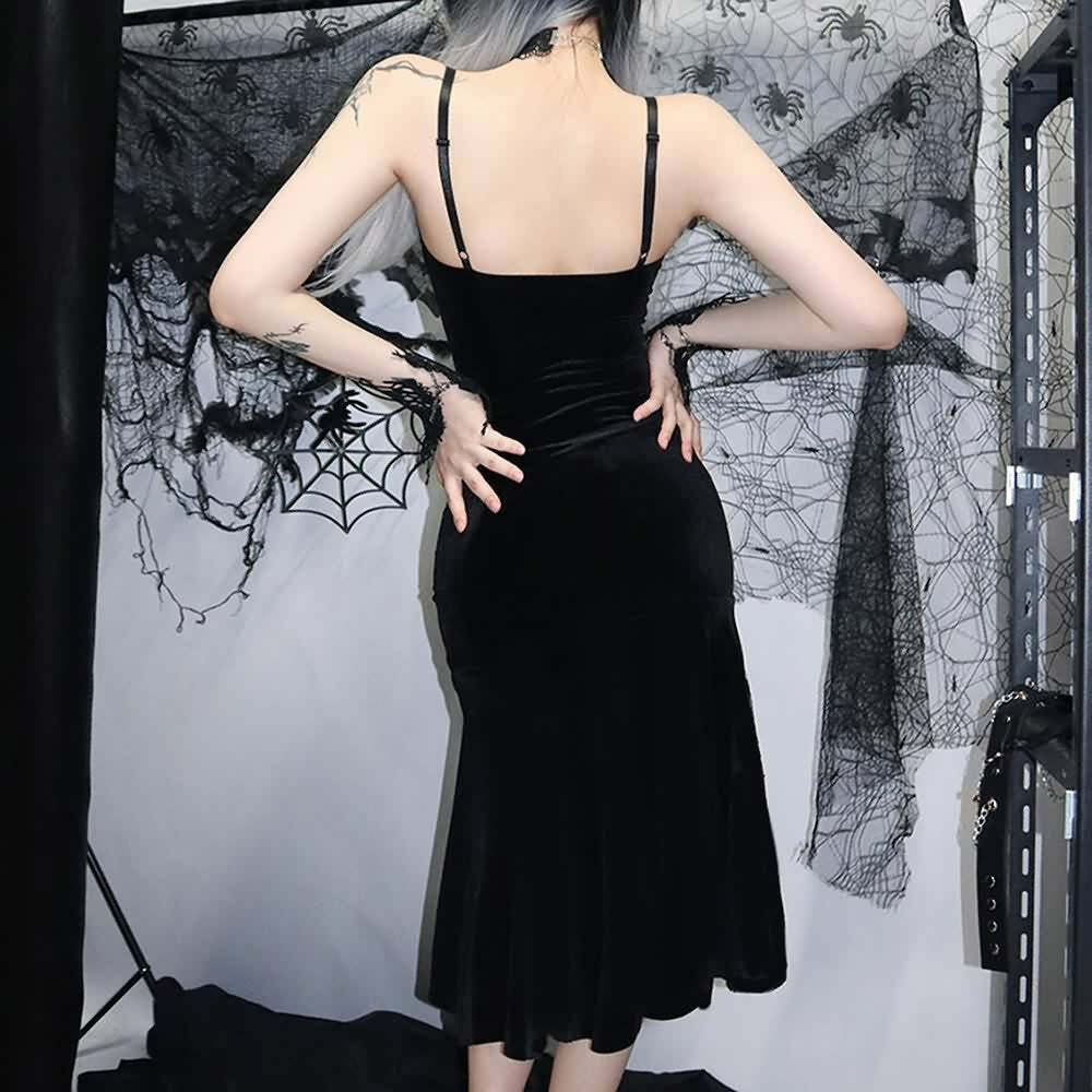 Y2K Gothic Velvet Fit & Flare Midi Dress - Retro 90s Grunge Summer Party Outfit