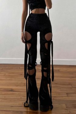 Y2K Gothic Velvet Flare Pants - Retro 90s Grunge, Summer Club & Party Outfits