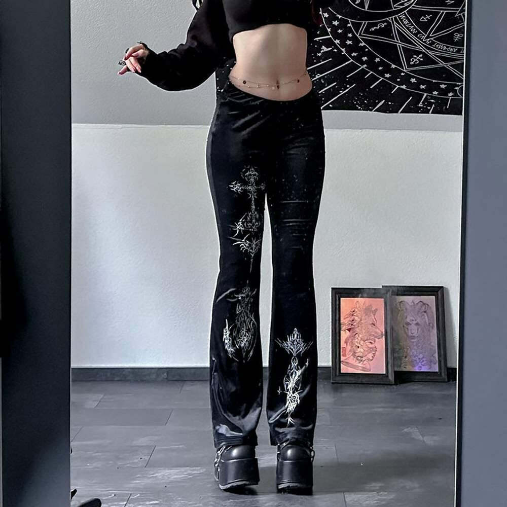 Y2K Gothic Velvet Flare Pants - Retro 90s Grunge, Summer Club & Party Outfits