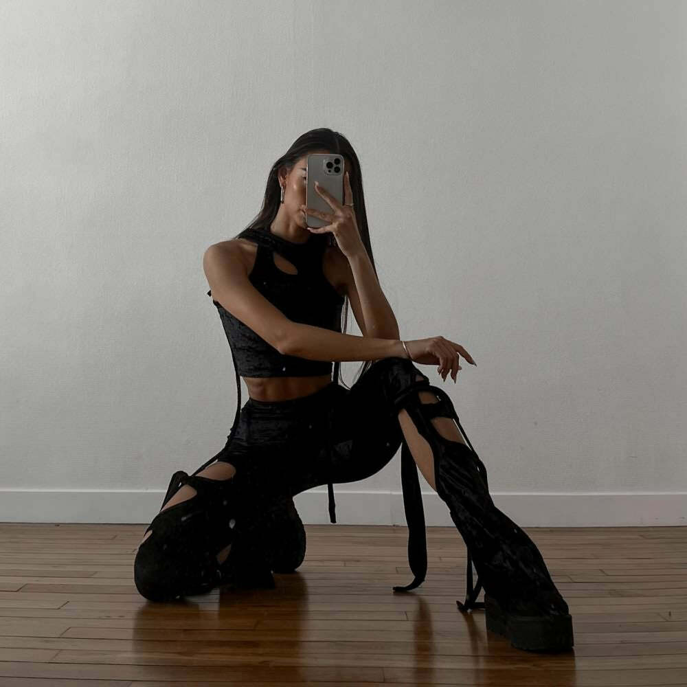Y2K Gothic Velvet Flare Pants - Retro 90s Grunge, Summer Club & Party Outfits