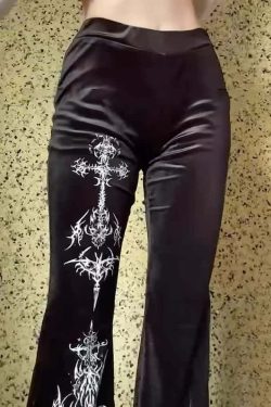 Y2K Gothic Velvet Flare Pants - Retro 90s Grunge, Summer Club & Party Outfits