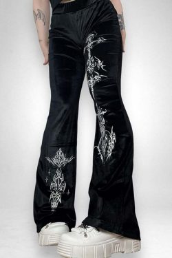 Y2K Gothic Velvet Flare Pants - Retro 90s Grunge, Summer Club & Party Outfits