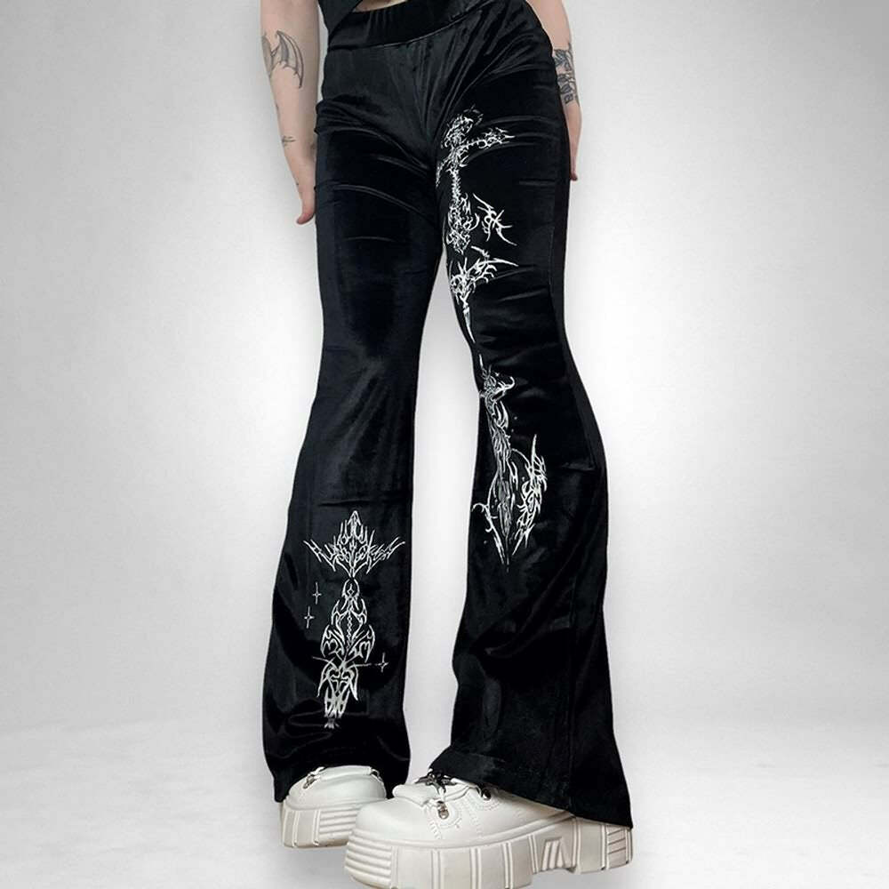 Y2K Gothic Velvet Flare Pants - Retro 90s Grunge, Summer Club & Party Outfits