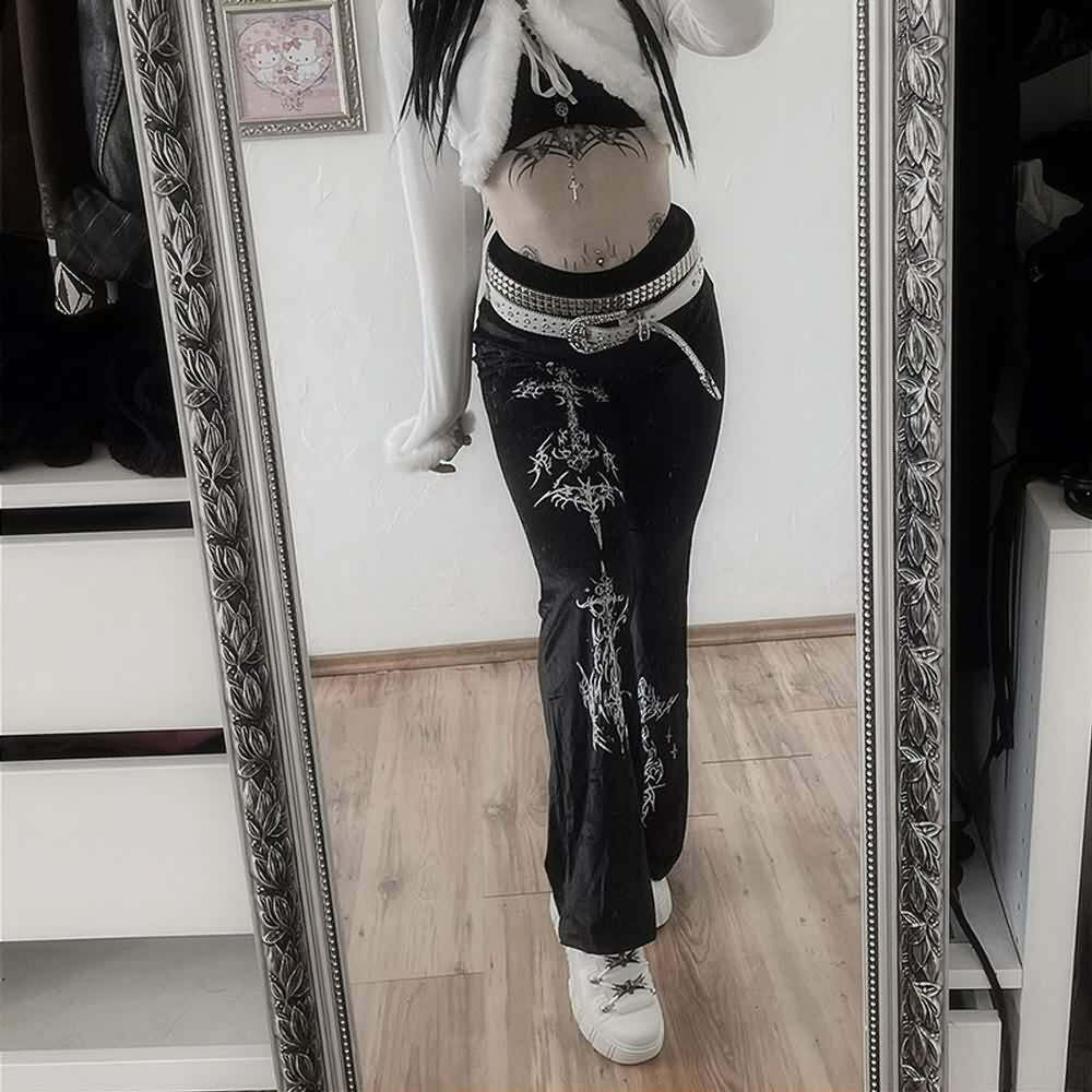 Y2K Gothic Velvet Flare Pants - Retro 90s Grunge, Summer Club & Party Outfits