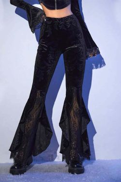 Y2K Gothic Velvet Flare Pants - Retro 90s Grunge Flower Pattern, Perfect for Y2K Summer Outfits