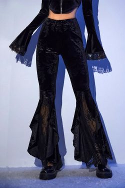 Y2K Gothic Velvet Flare Pants - Retro 90s Grunge Flower Pattern, Perfect for Y2K Summer Outfits