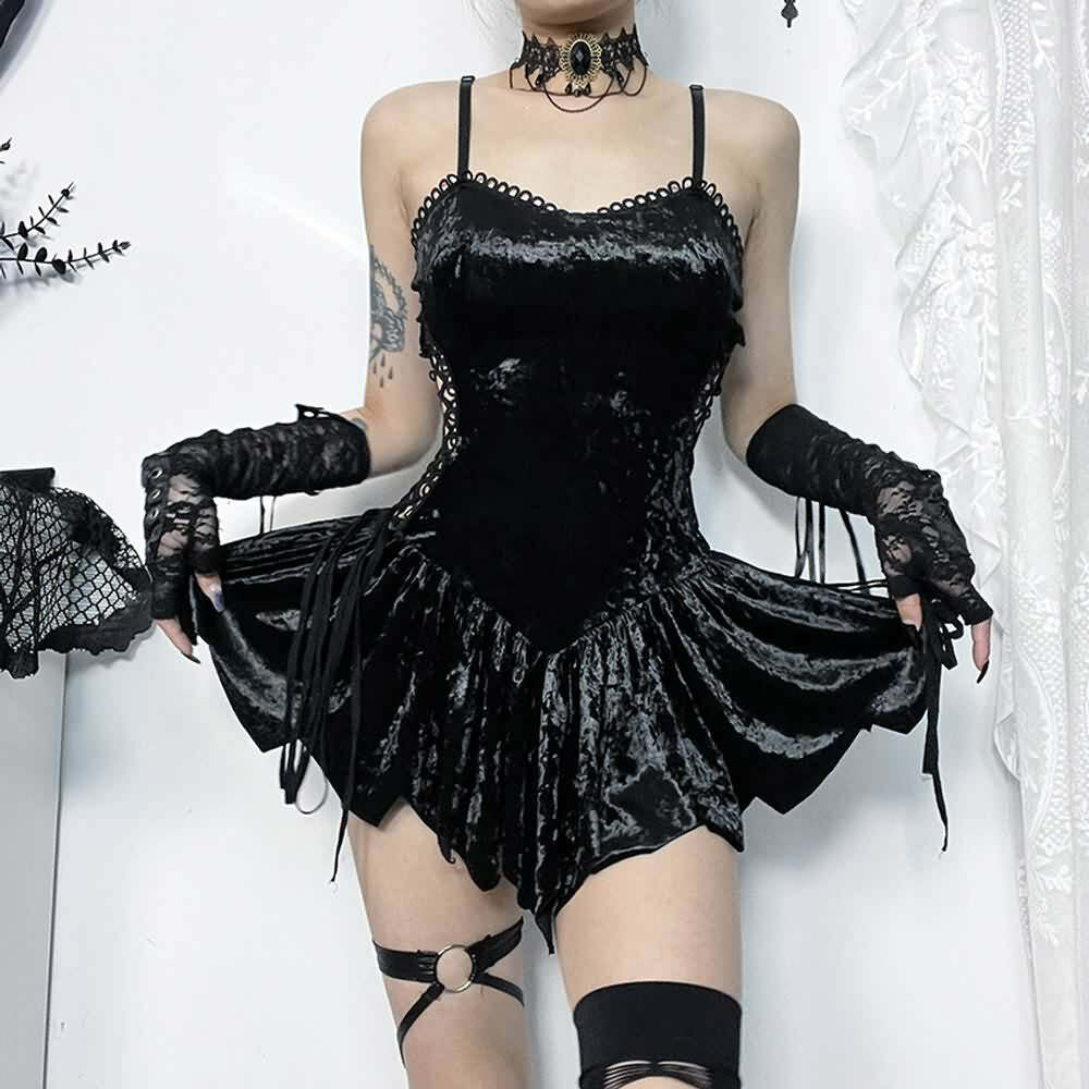 Y2K Gothic Velvet Lace-Up Cut Out Mini Dress - 90s Grunge, Retro, Party, Club Outfits