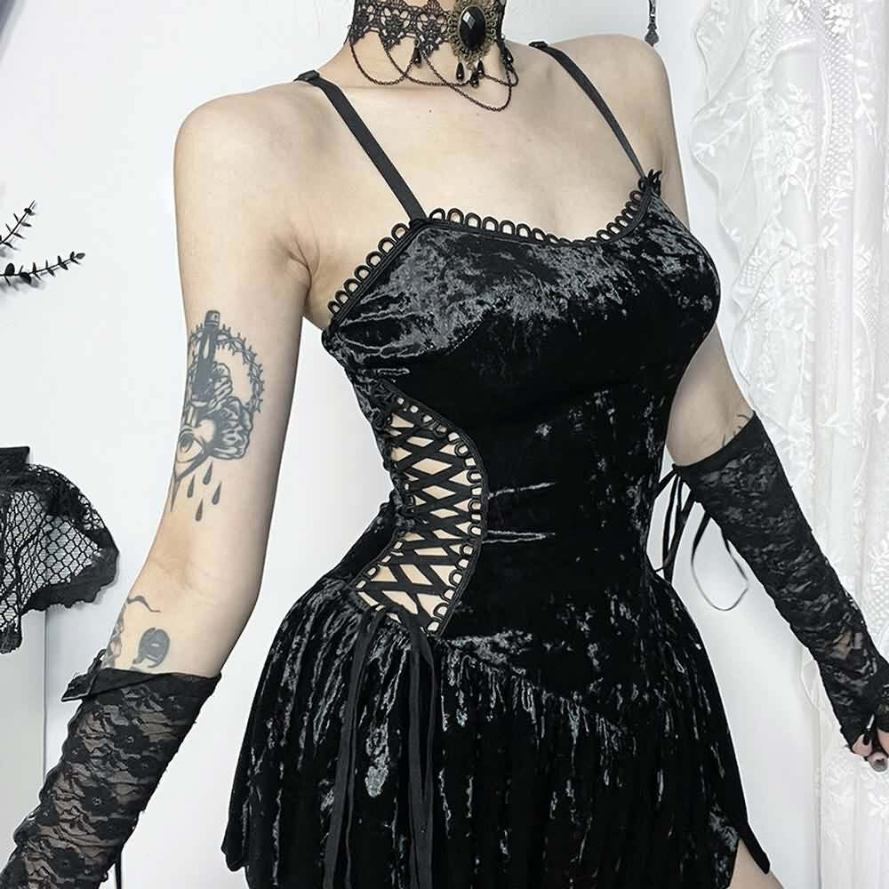 Y2K Gothic Velvet Lace-Up Cut Out Mini Dress - 90s Grunge, Retro, Party, Club Outfits