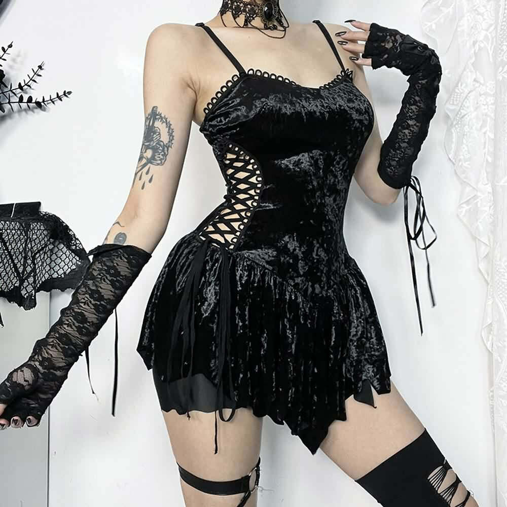 Y2K Gothic Velvet Lace-Up Cut Out Mini Dress - 90s Grunge, Retro, Party, Club Outfits