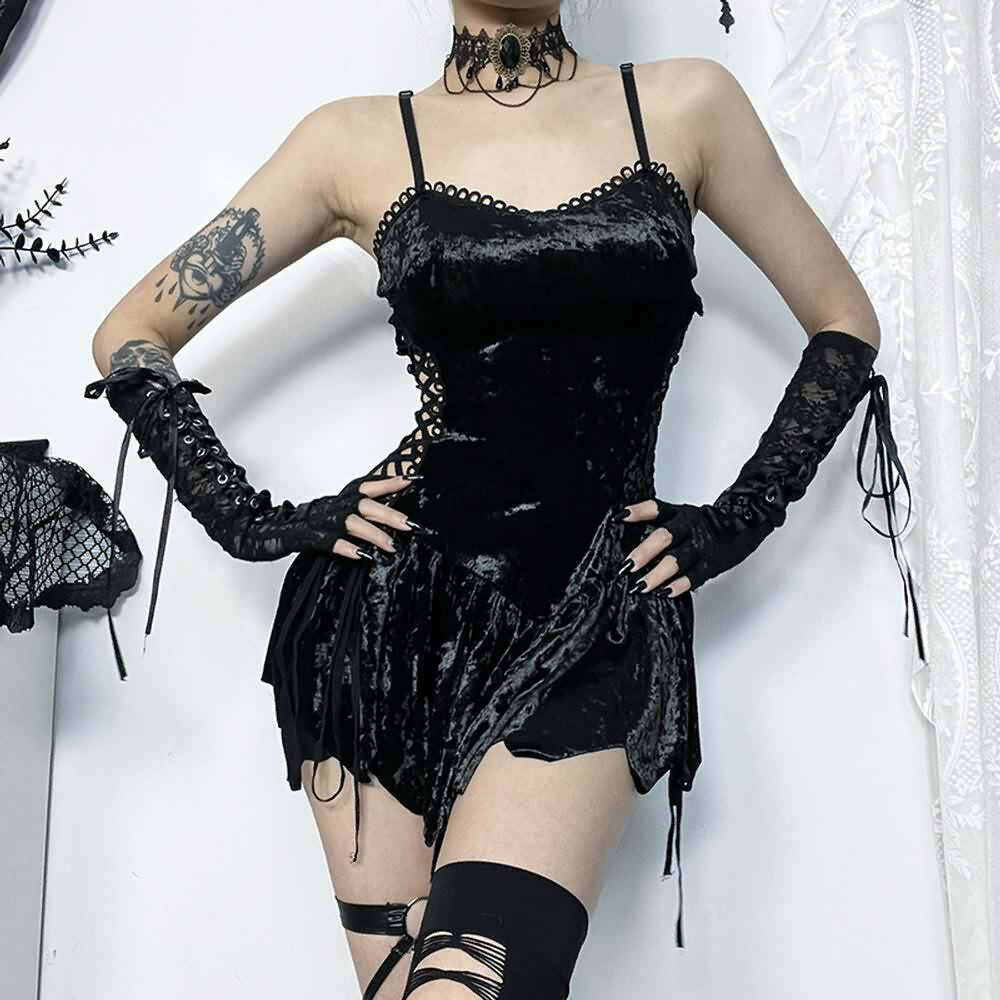 Y2K Gothic Velvet Lace-Up Cut Out Mini Dress - 90s Grunge, Retro, Party, Club Outfits